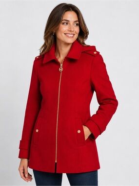 Michael Kors Red Hooded Wool Blend Zip Coat Jacket Size 1X